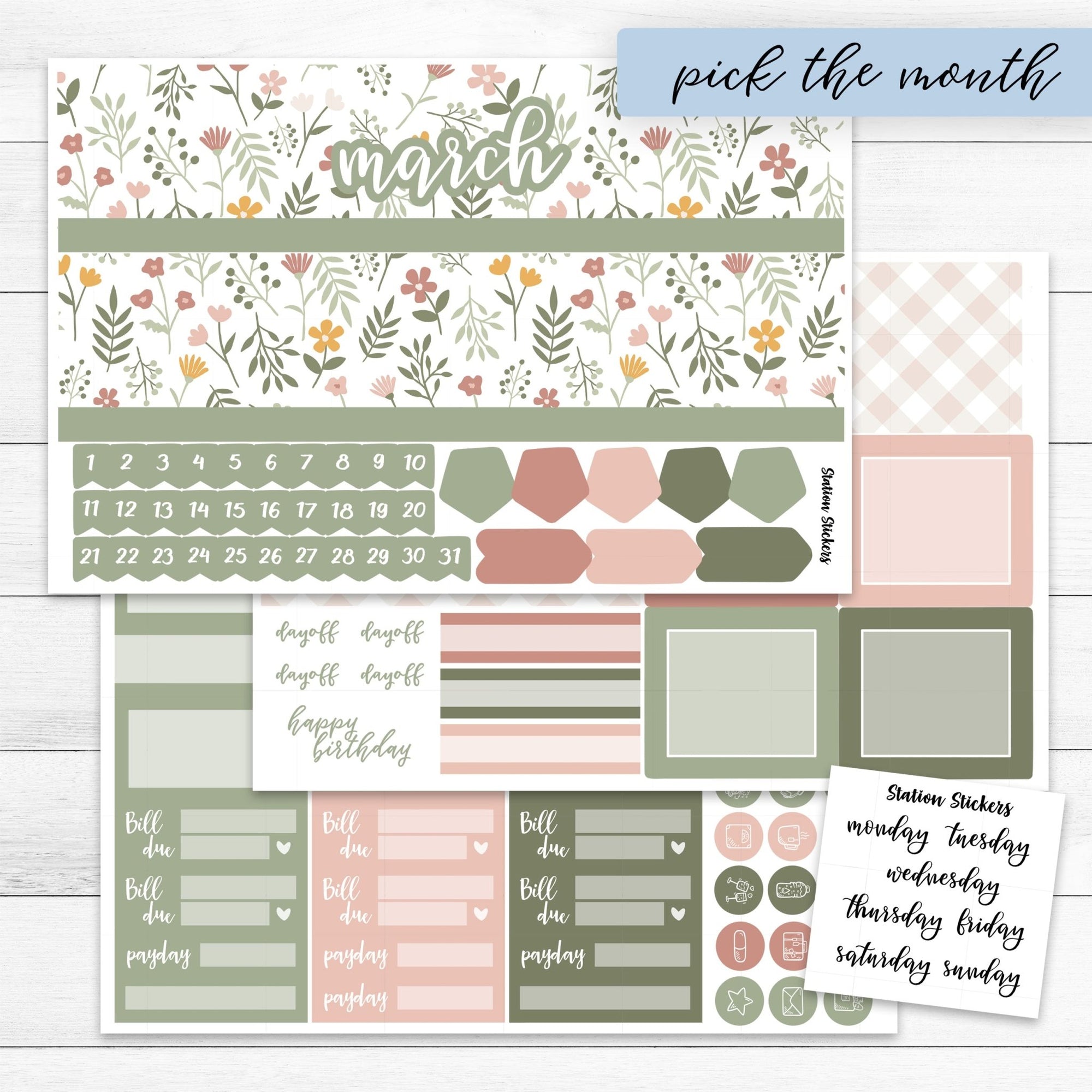 Monthly EC 7X9 Daily Duo Sage Boho - Station Stickers