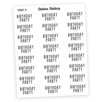 BIRTHDAY PARTY Script Stickers