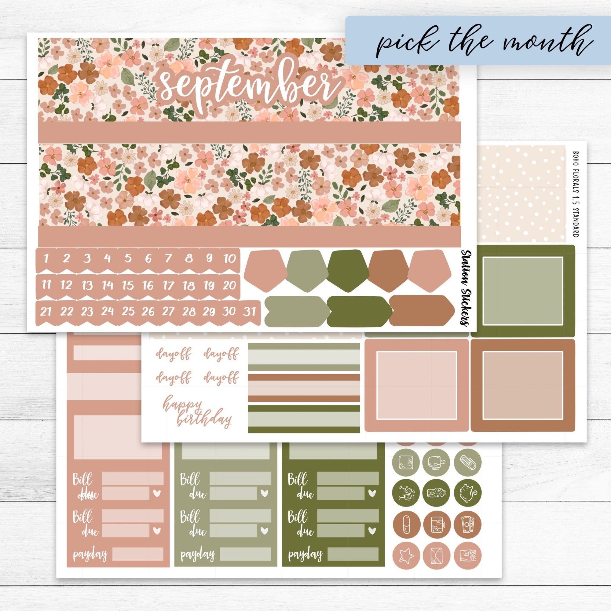 Standard 1.6" Monthly Boho Florals - Station Stickers